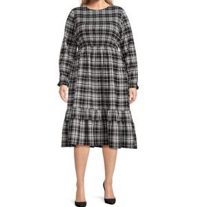 Terra & Sky Tiered Peasant Boho Smocked Midi Dress Black White Plaid 2X NEW